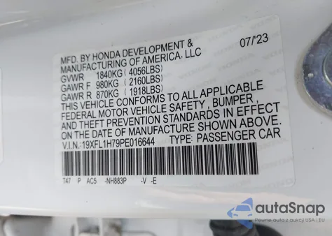 2023 Honda Civic Ex-L /Ex-L W/O Bsi from USA, damaged, VIN 19XFL1H79PE016644